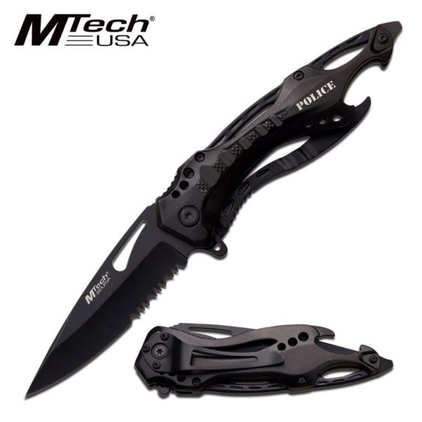 MTECH USA MT-705BK, Black Half-Serrated Blade, Black Handle